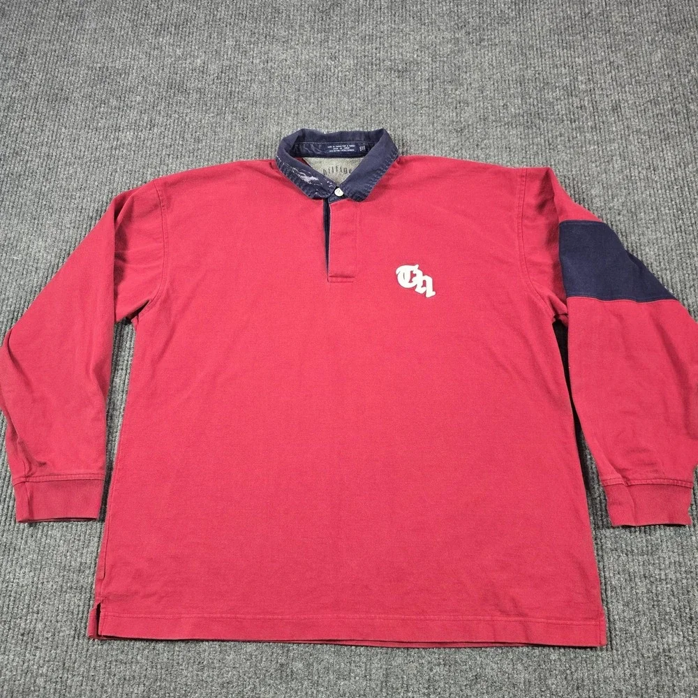 Vintage 90s Hilfiger Rugby Shirt Mens 2XL Red Navy‎ Polo Collar Y2K Preppy